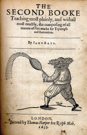 John Bate's 1635 book on fireworks showing a 'Green Man' fireworks technician (photo licensed for re-use)