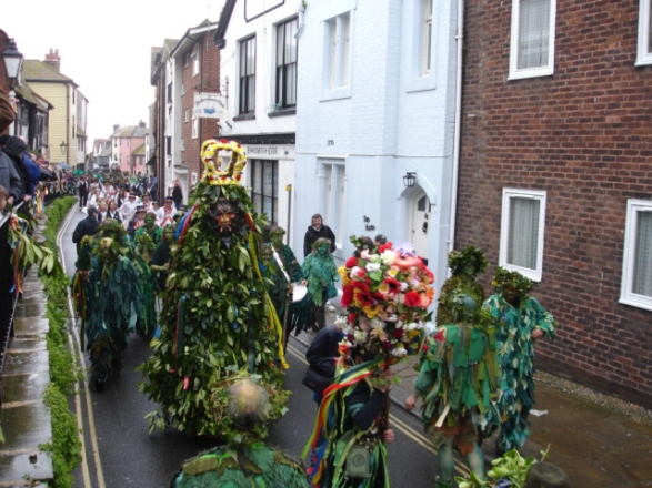 Jack-in-the-Green and other Green Men in the May Day Parade in Hastings, Sussex, England