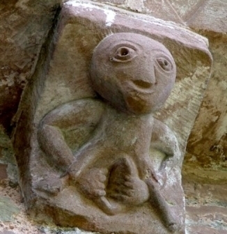 A well-known sheela-na-gig in the Church of St. Mary and St. David, Kilpeck, Herefordshire, England