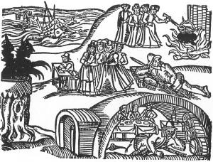 Contemporary woodcut from the pamphlet Newes from Scotland illustrating the North Berwick witch-hunts of 1590